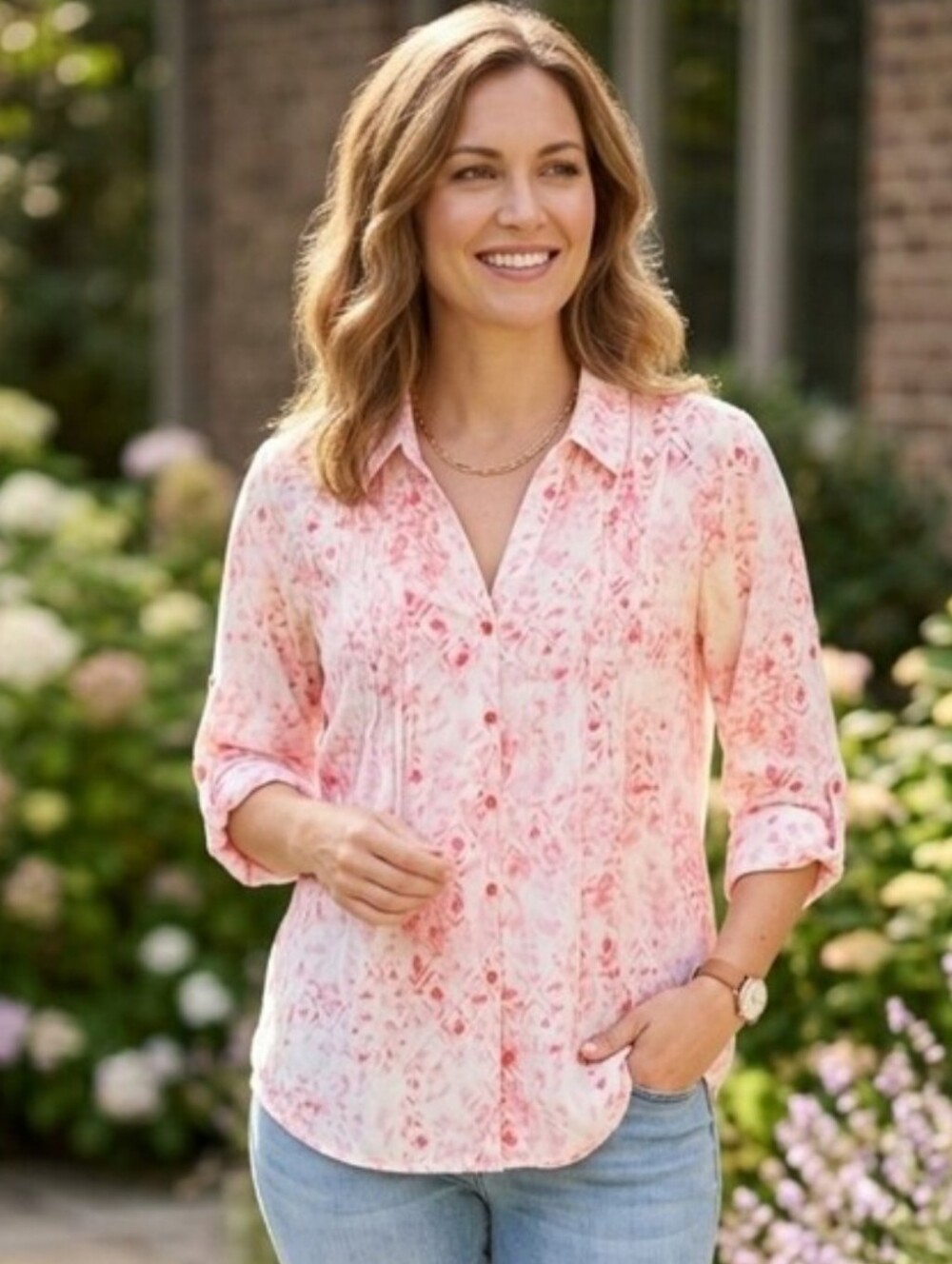 Gloria Vanderbilt Pink Geometric Button-Front Pintuck Roll-Tab Blouse Modal M